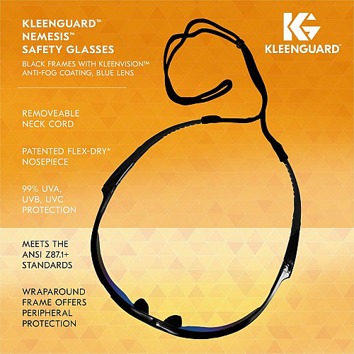 Kleenguard V30 Nemesis Safety Eyewear Recommended for: Workplace, Home - UVA, UVB, UVC Protection - Polycarbonate - Durable, Lightweight, Wraparound Frame, Anti-fog, Flexible, Soft, Neck Cord - 12/Box - 12 / Carton (14481CT)