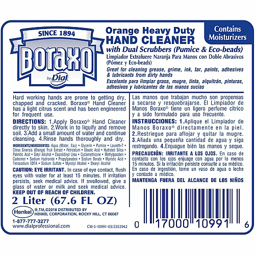 Boraxo Orange Heavy Duty Hand Cleaner 2.11 quart - Grease Remover, Grime Remover, Ink Remover, Tar Remover, Paint Remover, Dirt Remover - Hand - Moisturizing - White - Heavy Duty, Phosphate-free - 1 Each (10992)