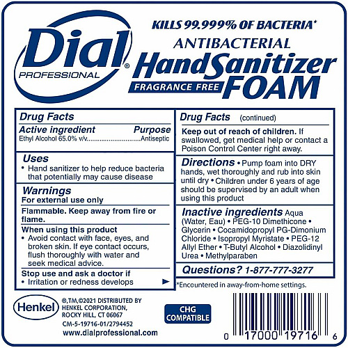 Dial Hand Sanitizer Foam Refill 1.27 quart - Bottle Dispenser - Bacteria Remover - Hand - White - Fragrance-free, Dye-free - 1 Each (19717)