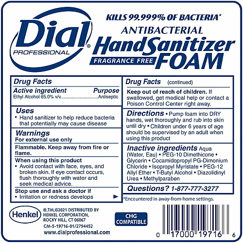 Dial Hand Sanitizer Foam Refill 1.27 quart - Bottle Dispenser - Bacteria Remover - Hand - White - Fragrance-free, Dye-free - 1 Each (19717)