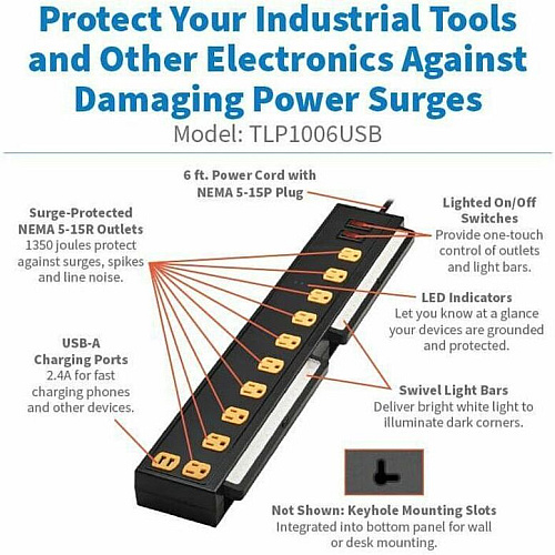 Tripp Lite by Eaton Protect It! 10-Outlet Surge Protector with Swivel Light Bars - 5-15R Outlets, 2 USB Ports, 6 ft. (1.8 m) Cord, 1350 Joules, Black 10 x NEMA 5-15R - 1350 J - 120 V AC Input - USB - 6 ft (TLP1006USB)
