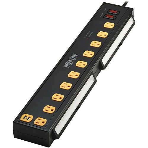 Tripp Lite by Eaton Protect It! 10-Outlet Surge Protector with Swivel Light Bars - 5-15R Outlets, 2 USB Ports, 6 ft. (1.8 m) Cord, 1350 Joules, Black 10 x NEMA 5-15R - 1350 J - 120 V AC Input - USB - 6 ft (TLP1006USB)