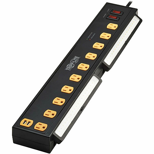 Tripp Lite by Eaton Protect It! 10-Outlet Surge Protector with Swivel Light Bars - 5-15R Outlets, 2 USB Ports, 6 ft. (1.8 m) Cord, 1350 Joules, Black 10 x NEMA 5-15R - 1350 J - 120 V AC Input - USB - 6 ft (TLP1006USB)