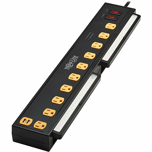 Tripp Lite by Eaton Protect It! 10-Outlet Surge Protector with Swivel Light Bars - 5-15R Outlets, 2 USB Ports, 6 ft. (1.8 m) Cord, 1350 Joules, Black 10 x NEMA 5-15R - 1350 J - 120 V AC Input - USB - 6 ft (TLP1006USB)