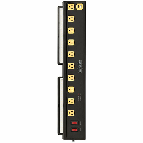 Tripp Lite by Eaton Protect It! 10-Outlet Surge Protector with Swivel Light Bars - 5-15R Outlets, 2 USB Ports, 6 ft. (1.8 m) Cord, 1350 Joules, Black 10 x NEMA 5-15R - 1350 J - 120 V AC Input - USB - 6 ft (TLP1006USB)