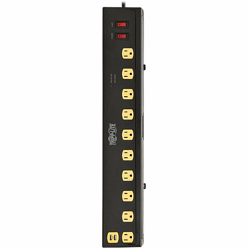 Tripp Lite by Eaton Protect It! 10-Outlet Surge Protector with Swivel Light Bars - 5-15R Outlets, 2 USB Ports, 6 ft. (1.8 m) Cord, 1350 Joules, Black 10 x NEMA 5-15R - 1350 J - 120 V AC Input - USB - 6 ft (TLP1006USB)