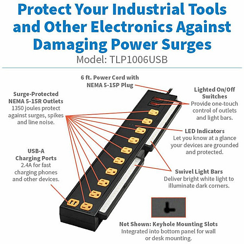 Tripp Lite by Eaton Protect It! 10-Outlet Surge Protector with Swivel Light Bars - 5-15R Outlets, 2 USB Ports, 6 ft. (1.8 m) Cord, 1350 Joules, Black 10 x NEMA 5-15R - 1350 J - 120 V AC Input - USB - 6 ft (TLP1006USB)
