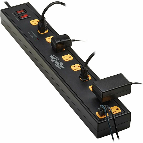 Tripp Lite by Eaton Protect It! 10-Outlet Surge Protector with Swivel Light Bars - 5-15R Outlets, 2 USB Ports, 6 ft. (1.8 m) Cord, 1350 Joules, Black 10 x NEMA 5-15R - 1350 J - 120 V AC Input - USB - 6 ft (TLP1006USB)