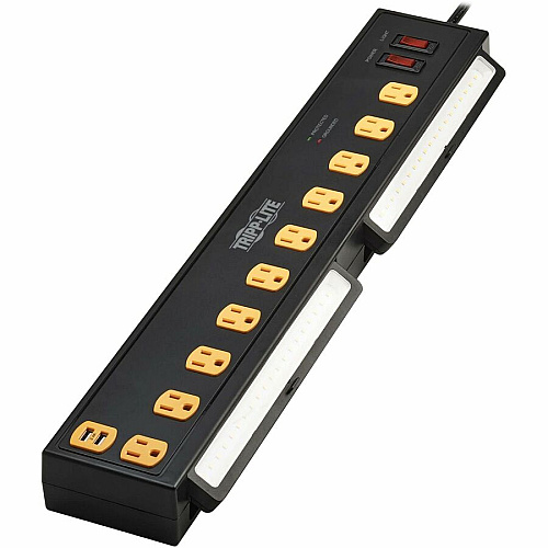 Tripp Lite by Eaton Protect It! 10-Outlet Surge Protector with Swivel Light Bars - 5-15R Outlets, 2 USB Ports, 6 ft. (1.8 m) Cord, 1350 Joules, Black 10 x NEMA 5-15R - 1350 J - 120 V AC Input - USB - 6 ft (TLP1006USB)