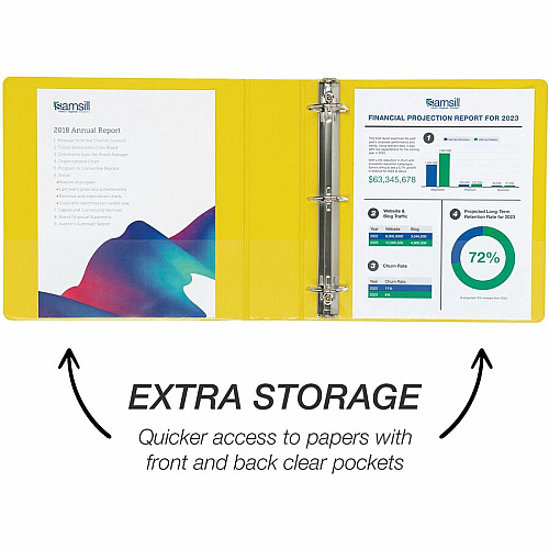Samsill Durable Three-Ring View Binder 2" Binder Capacity - 475 Sheet Capacity - 3 Ring(s) - Fastener(s): D-Ring - Pocket(s): 2, Internal - Polypropylene, Chipboard - Yellow - Recycled - Durable, PVC-free, Ink-transfer Resistant, Clear Overlay, St (16461)
