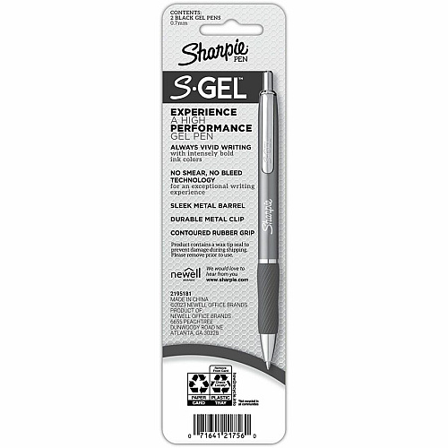 Sharpie S-Gel Pens 0.7 mm Pen Point - Black Ink - Gunmetal Barrel - 2 / Pack (2194709)