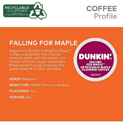 Dunkin Donuts Dunkin' Donuts&reg; K-Cup Falling for Maple Artificially Maple Flavored Coffee Compatible with Keurig Brewer - Medium - K-Cup - Maple, Arabica - 22 / Box (1478)