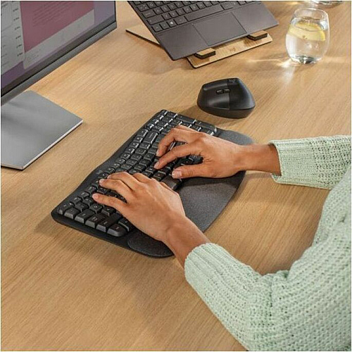 Logitech Wave Keys for Business Ergonomic Keyboard Wireless Connectivity - Bluetooth - 5.1 - 32.81 ft - USB Type A Interface - Windows, Mac OS, ChromeOS - Computer - PC, Mac - AAA Battery Size Supported - Graphite (920012058)