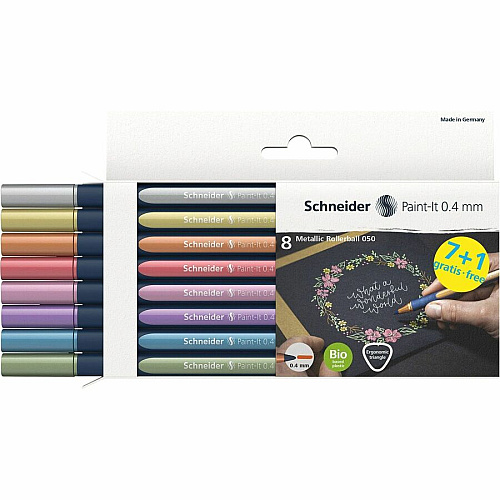 Schneider Metallic Rollerball Pens 0.4 mm Pen Point - Assorted Metallic Ink - Bioplastic Barrel - 8 / Pack (ML05011502)
