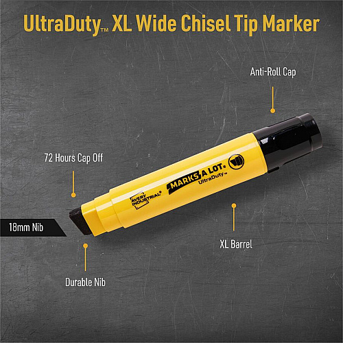 Avery UltraDuty Markers, XL Wide Tip, 12 Black Markers 18 mm Narrow Narrow Chisel, Bold, XL Wide Marker Point - Black Ink - Polyester Tip - 12 / Pack (29866)