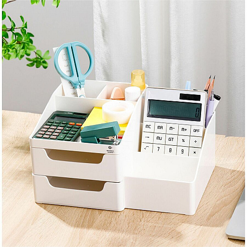 Business Source Multi-Grid Desktop Organizer 7 Compartment(s) - 2 Drawer(s) - 5.70" Height x 10.70" Width x 7.60" Depth - Desktop - Storage Drawer, Removable Drawer, Durable - White - ABS Plastic - 1 Each (BSN11880)