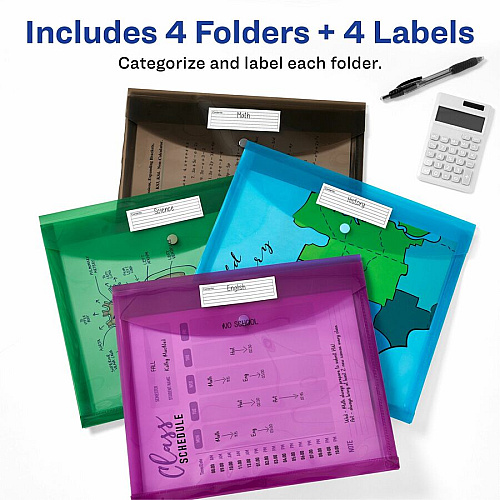 Avery Letter, A4 Recycled Filing Envelope 450 Sheets Capacity - Plastic, Polypropylene - Black, Aqua, Sage, Plum - 0% Recycled - 4 / Pack (73556)