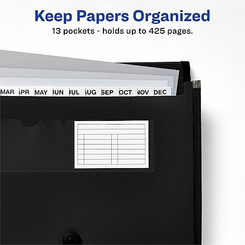 Avery Letter, A4 Expanding File 425 Sheets Capacity - 13 Pocket(s) - Polypropylene, Plastic, Fabric - Black - 0% Recycled - 1 Each (73553)