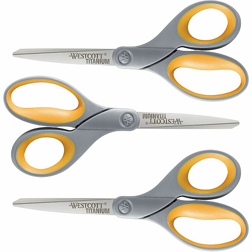 Westcott Titanium Bonded Scissors Set 8" Overall Length - Straight-left/right - Titanium - Pointed Tip - Gray/Yellow - 3 / Pack (17532)