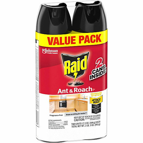Raid Ant & Roach Killer Spray Spray - Kills Cockroaches, Ants, Silverfish, Water Bugs, Palmetto Bug, Carpet Beetle, Earwig, Spider, Lady Beetle, Black Widow Spider - 1.09 lb - Red - 2 / Pack (370913)