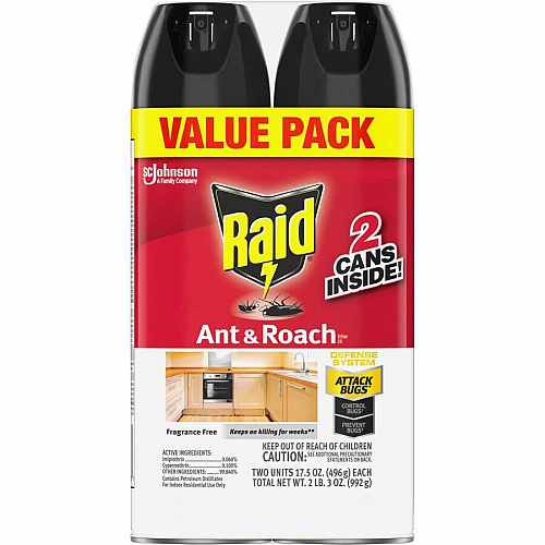 Raid Ant & Roach Killer Spray Spray - Kills Cockroaches, Ants, Silverfish, Water Bugs, Palmetto Bug, Carpet Beetle, Earwig, Spider, Lady Beetle, Black Widow Spider - 1.09 lb - Red - 2 Pack - 6 / Carton (386225CT)