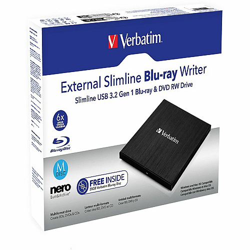 Verbatim External Slimline Blu-ray Writer BD-R, CD-R, DVD+R, DVD-R Support/24x CD Write/6x BD Write/8x DVD Write - USB 3.2 Gen 1, USB 2.0 - Slimline - BUS Powered (43890)