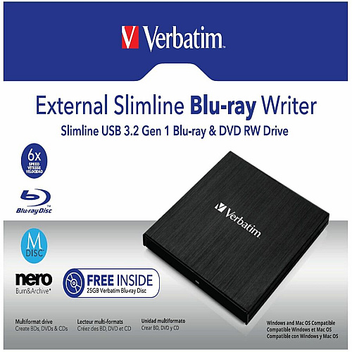 Verbatim External Slimline Blu-ray Writer BD-R, CD-R, DVD+R, DVD-R Support/24x CD Write/6x BD Write/8x DVD Write - USB 3.2 Gen 1, USB 2.0 - Slimline - BUS Powered (43890)