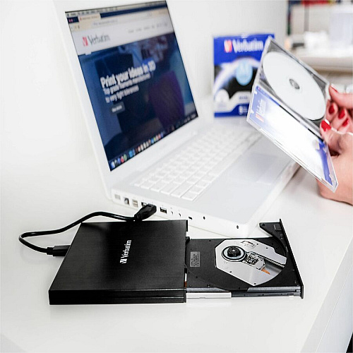 Verbatim External Slimline Blu-ray Writer BD-R, CD-R, DVD+R, DVD-R Support/24x CD Write/6x BD Write/8x DVD Write - USB 3.2 Gen 1, USB 2.0 - Slimline - BUS Powered (43890)