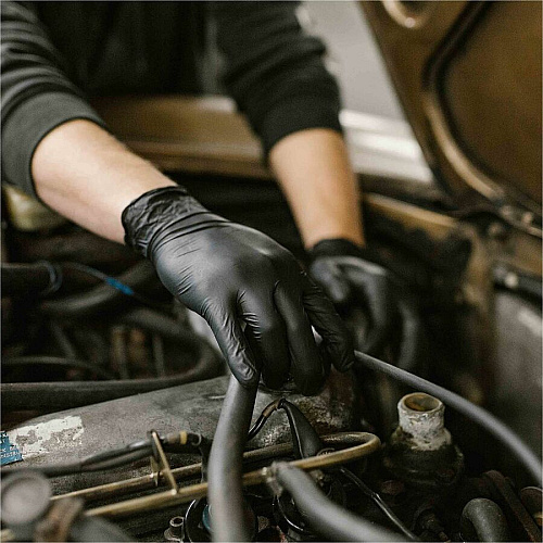 GloveWorks by AMMEX Gloveworks Industrial Black Nitrile Disposable Gloves 5 mil Thickness x 9.45" Glove Length - Dirt, Grime Protection - Polymer Coating - Small Size - For Right/Left Hand - Nitrile - Black - Textured, Latex-free, Non-sterile, (GPNB42100)