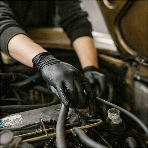 GloveWorks by AMMEX Gloveworks Industrial Black Nitrile Disposable Gloves 5 mil Thickness x 9.45" Glove Length - Dirt, Grime Protection - Polymer Coating - Small Size - For Right/Left Hand - Nitrile - Black - Textured, Latex-free, Non-sterile, (GPNB42100)