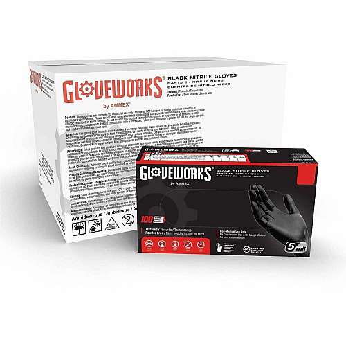 GloveWorks by AMMEX Gloveworks Industrial Black Nitrile Disposable Gloves 5 mil Thickness x 9.45" Glove Length - Dirt, Grime Protection - Polymer Coating - Small Size - For Right/Left Hand - Nitrile - Black - Textured, Latex-free, Non-sterile, (GPNB42100)