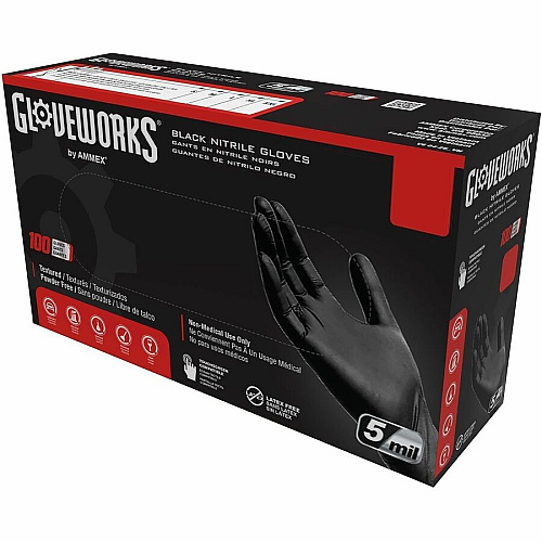 GloveWorks by AMMEX Gloveworks Industrial Black Nitrile Disposable Gloves 5 mil Thickness x 9.45" Glove Length - Dirt, Grime Protection - Polymer Coating - Small Size - For Right/Left Hand - Nitrile - Black - Textured, Latex-free, Non-sterile, (GPNB42100)