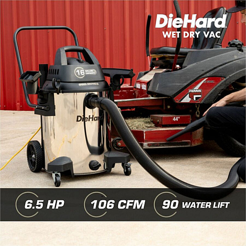DieHard 16-Gallon 6.5 HP Pro Series Wet/Dry Vacuum 16 gal - Squeegee, Hose, Wand, Filter, Crevice Tool, Pick-up Tool, Floor Tool - Wet Surface, Dry Surface - 35 ft Cable Length - 8 ft Hose Length - Stainless Steel (DH7000701)