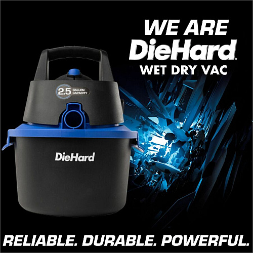 DieHard 2.5-Gallon 2.5 HP Wet/Dry Vacuum 2.50 gal - Crevice Tool, Pick-up Tool, Filter - Wet Surface, Dry Surface - 10 ft Cable Length - 4 ft Hose Length - Rich Black (DH7000201)