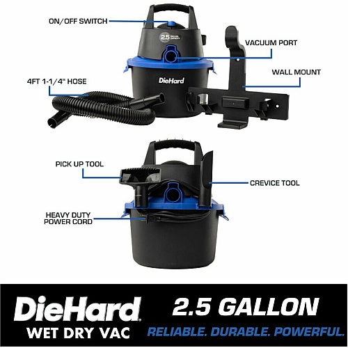 DieHard 2.5-Gallon 2.5 HP Wet/Dry Vacuum 2.50 gal - Crevice Tool, Pick-up Tool, Filter - Wet Surface, Dry Surface - 10 ft Cable Length - 4 ft Hose Length - Rich Black (DH7000201)
