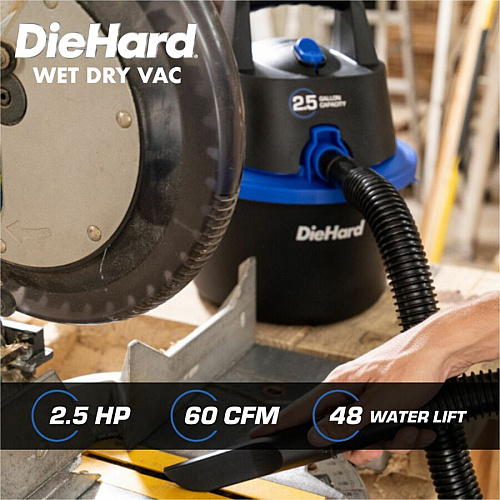 DieHard 2.5-Gallon 2.5 HP Wet/Dry Vacuum 2.50 gal - Crevice Tool, Pick-up Tool, Filter - Wet Surface, Dry Surface - 10 ft Cable Length - 4 ft Hose Length - Rich Black (DH7000201)
