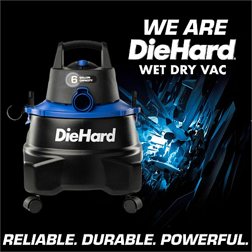 DieHard 6-Gallon 4.5 HP Wet/Dry Vacuum 6 gal - Hose, Wand, Filter, Crevice Tool, Pick-up Tool, Floor Tool - Wet Surface, Dry Surface - 10 ft Cable Length - 7 ft Hose Length - Rich Black (DH7000801)