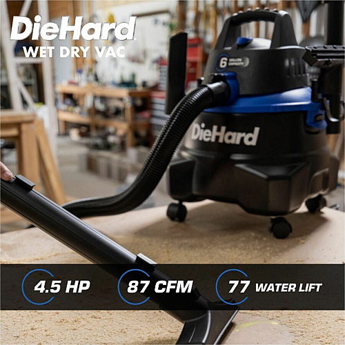 DieHard 6-Gallon 4.5 HP Wet/Dry Vacuum 6 gal - Hose, Wand, Filter, Crevice Tool, Pick-up Tool, Floor Tool - Wet Surface, Dry Surface - 10 ft Cable Length - 7 ft Hose Length - Rich Black (DH7000801)