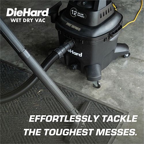 DieHard 12-Gallon 6 HP Pro Series Wet/Dry Vacuum 12 gal - Squeegee, Hose, Wand, Filter, Crevice Tool, Pick-up Tool, Floor Tool - Wet Surface, Dry Surface - 35 ft Cable Length - 8 ft Hose Length - Rich Black (DH7000601)
