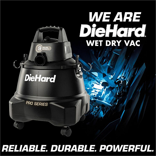 DieHard 9-Gallon 5.5 HP Pro Wet/Dry Vacuum 9 gal - Squeegee, Hose, Wand, Filter, Crevice Tool, Pick-up Tool, Floor Tool - Wet Surface, Dry Surface - 10 ft Cable Length - 7 ft Hose Length - Rich Black (DH7000501)