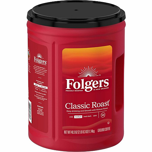Folgers Ground Canister Classic Roast Coffee Medium - 40.3 oz Per Canister - Ground - Mountain Grown, Classic Roast - Kosher - 1 Each (30419)