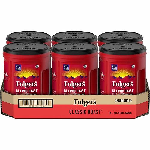 Folgers Ground Canister Classic Roast Coffee Medium - 40.3 oz Per Canister - Ground - Mountain Grown, Classic Roast - Kosher - 6 / Carton (30419CT)