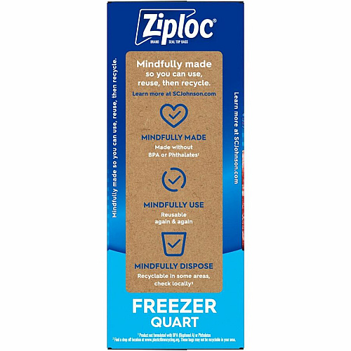Ziploc&reg; Grip n' Seal Freezer Bags Medium Size - 1 quart Capacity - 7.43" Length x 7" Width - Textured - Blue - Plastic - Multipurpose - 38/Box - 9 / Carton (351177CT)