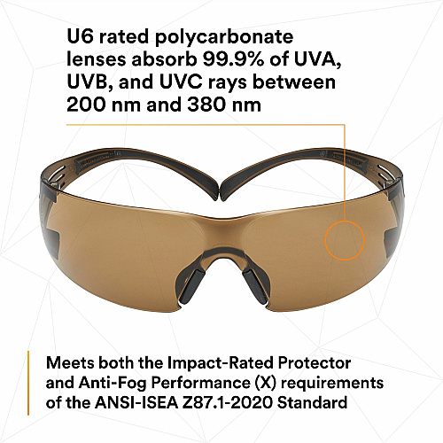 3M SecureFit Protective Eyewear Recommended for: Eye, Indoor/Outdoor - Fog, UVA, UVB, UVC Protection - Polycarbonate - Black - Anti-fog, Comfortable, Soft, Nose Bridge, Impact Resistant, Adjustable Temple - 20 / Carton (SF405SGAFBCT)