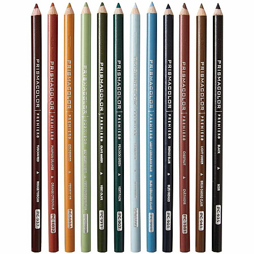 Prismacolor Premier Soft Core Colored Pencil Sets Tuscan Red, Pumpkin Orange, Goldenrod, Light Sap Green, Olive Green, Peacock Green, Cloud Blue, Light Cerulean Blue, Indigo Blue, Chestnut, Light Umber, ... Lead - 12 / Pack (2023753)