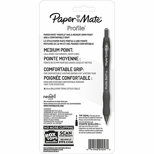 Paper Mate Profile Retractable Ballpoint Pens 1 mm Medium Pen Point - Retractable - Black Ink - 4 / Pack (2095467)