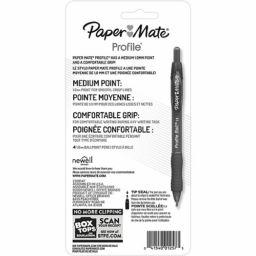 Paper Mate Profile Retractable Ballpoint Pens 1 mm Medium Pen Point - Retractable - Black Ink - 4 / Pack (2095467)