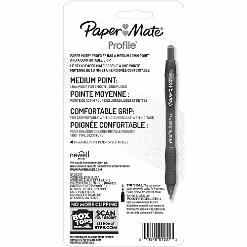 Paper Mate Profile Retractable Ballpoint Pens 1 mm Medium Pen Point - Retractable - Black Ink - 4 / Pack (2095467)