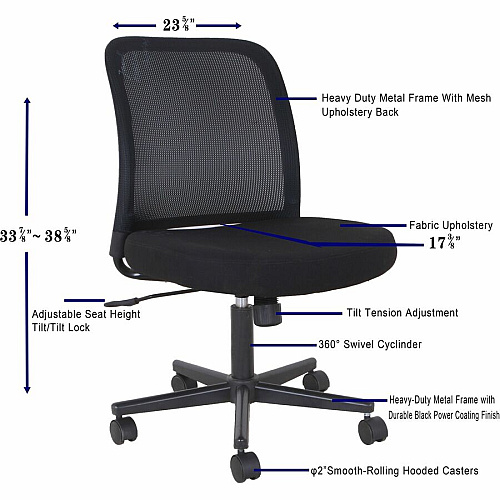 NuSparc Armless Task Chair Fabric Seat Material - Black - 1 Each (CH302MNBK)