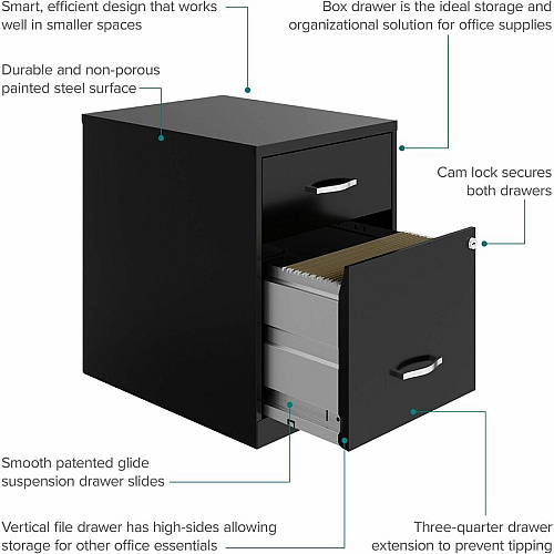 NuSparc File Cabinet 14.2" Width x 18" Depth x 19" Height - 2 x Drawer(s) for Box, File - Letter - Vertical - Locking Drawer, Glide Suspension, Nonporous Surface - Black - Baked Enamel - Steel (VF218GABK)